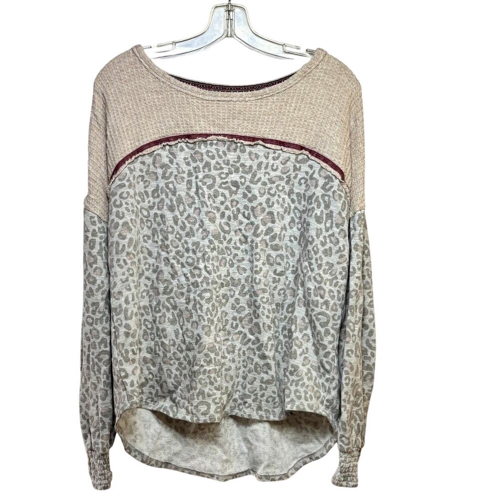 Knox Rose Blouse Top Women's XL Pullover L/S Animal Print Knit Soft Gray Beige